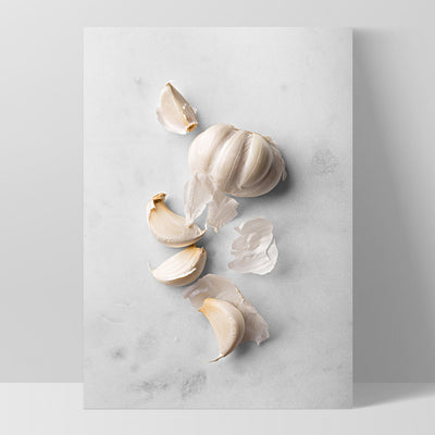 Garlic on Stone - Art Print, Poster, Stretched Canvas, or Framed Wall Art Print, shown as a stretched canvas or poster without a frame