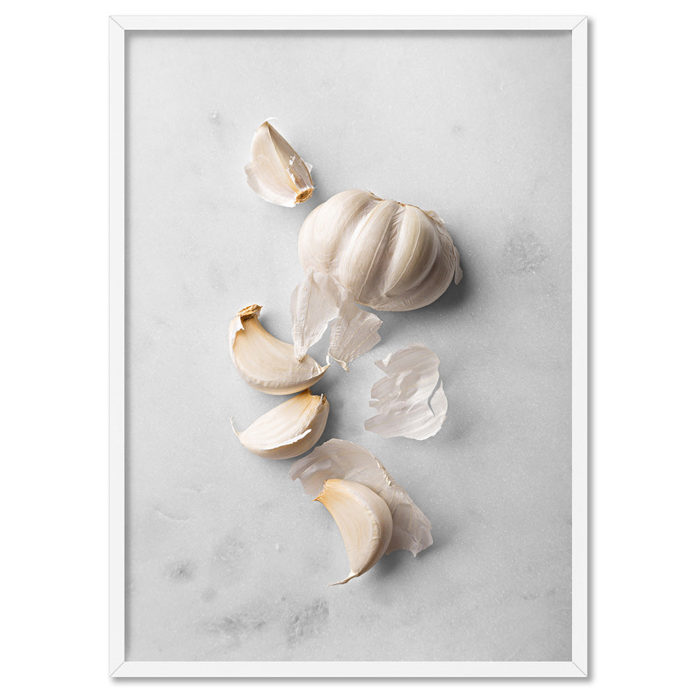 Garlic on Stone - Art Print, Poster, Stretched Canvas, or Framed Wall Art Print, shown in a white frame