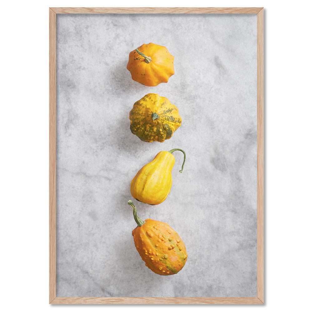 Pumpkins on Stone - Art Print, Poster, Stretched Canvas, or Framed Wall Art Print, shown in a natural timber frame