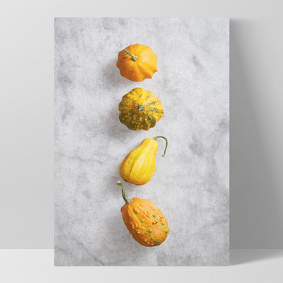 Pumpkins on Stone - Art Print, Poster, Stretched Canvas, or Framed Wall Art Print, shown as a stretched canvas or poster without a frame
