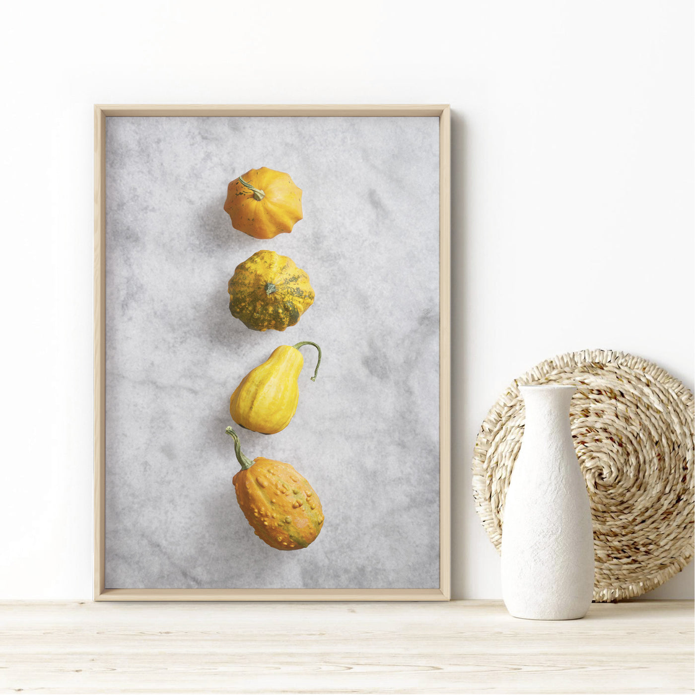 Pumpkins on Stone - Art Print, Poster, Stretched Canvas or Framed Wall Art Prints, shown framed in a room