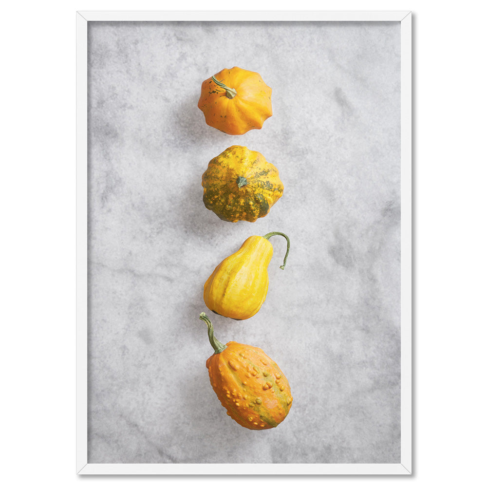 Pumpkins on Stone - Art Print, Poster, Stretched Canvas, or Framed Wall Art Print, shown in a white frame