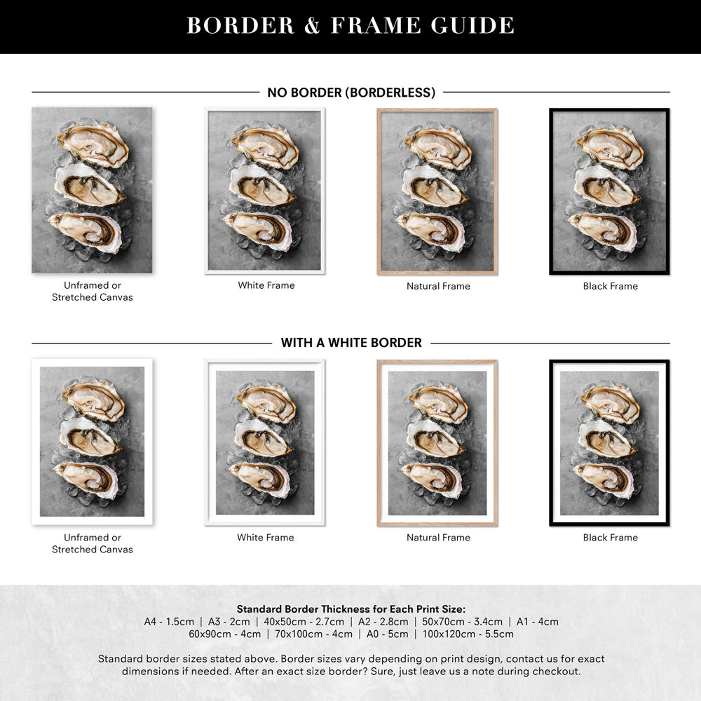 Oysters on Concrete - Art Print, Poster, Stretched Canvas or Framed Wall Art, Showing White , Black, Natural Frame Colours, No Frame (Unframed) or Stretched Canvas, and With or Without White Borders