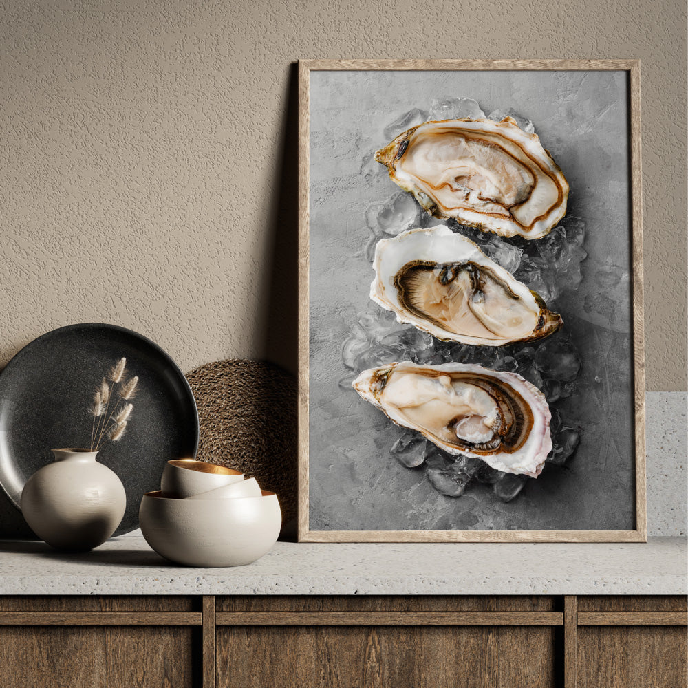 Oysters on Grey - Art Print, Poster, Stretched Canvas or Framed Wall Art Prints, shown framed in a room