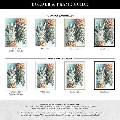 Pineapples on Teal - Art Print, Poster, Stretched Canvas or Framed Wall Art, Showing White , Black, Natural Frame Colours, No Frame (Unframed) or Stretched Canvas, and With or Without White Borders