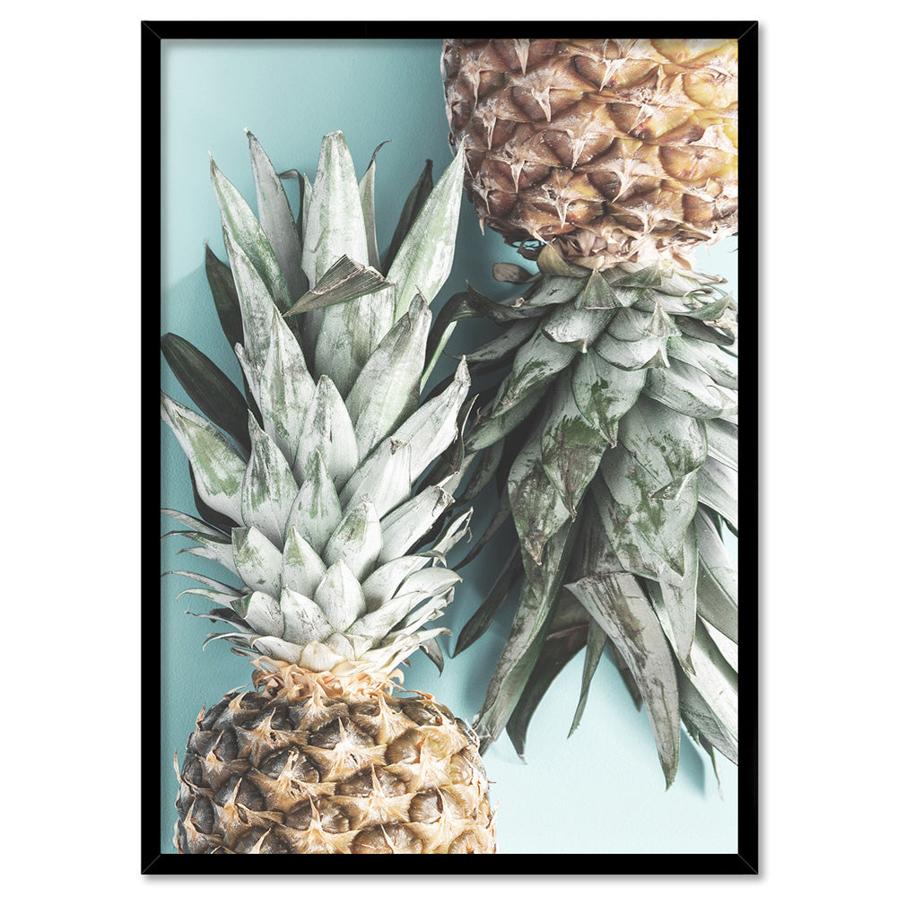 Pineapples on Teal - Art Print, Poster, Stretched Canvas, or Framed Wall Art Print, shown in a black frame