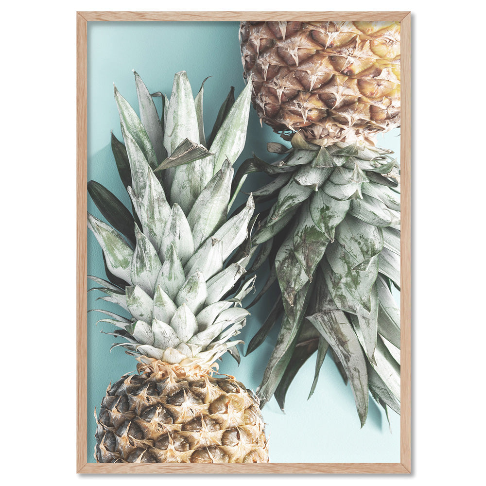 Pineapples on Teal - Art Print, Poster, Stretched Canvas, or Framed Wall Art Print, shown in a natural timber frame