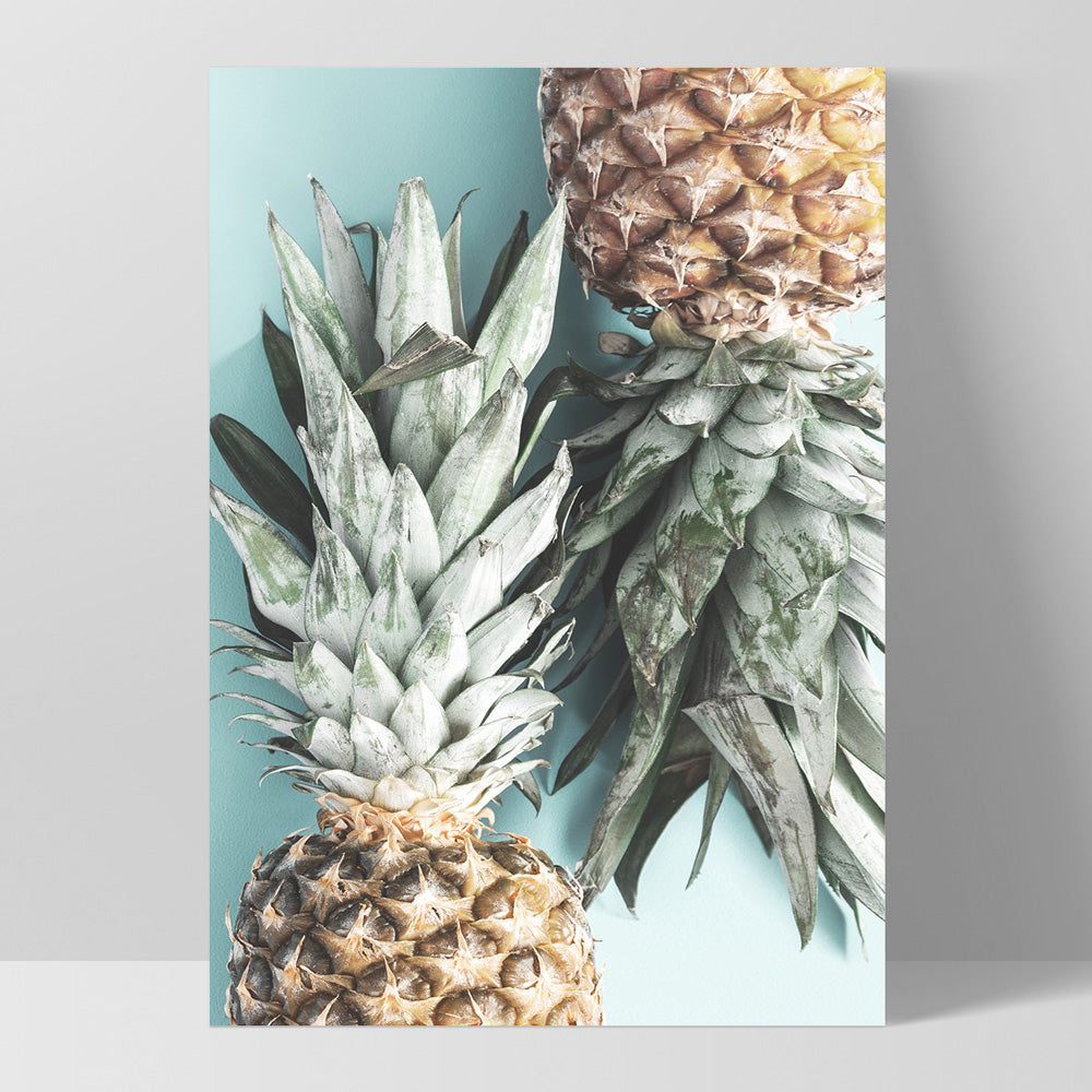 Pineapples on Teal - Art Print, Poster, Stretched Canvas, or Framed Wall Art Print, shown as a stretched canvas or poster without a frame