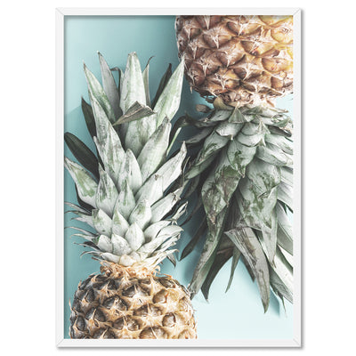 Pineapples on Teal - Art Print, Poster, Stretched Canvas, or Framed Wall Art Print, shown in a white frame