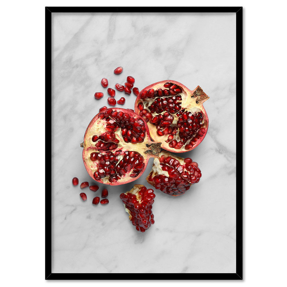 Pomegranate on Stone - Art Print, Poster, Stretched Canvas, or Framed Wall Art Print, shown in a black frame