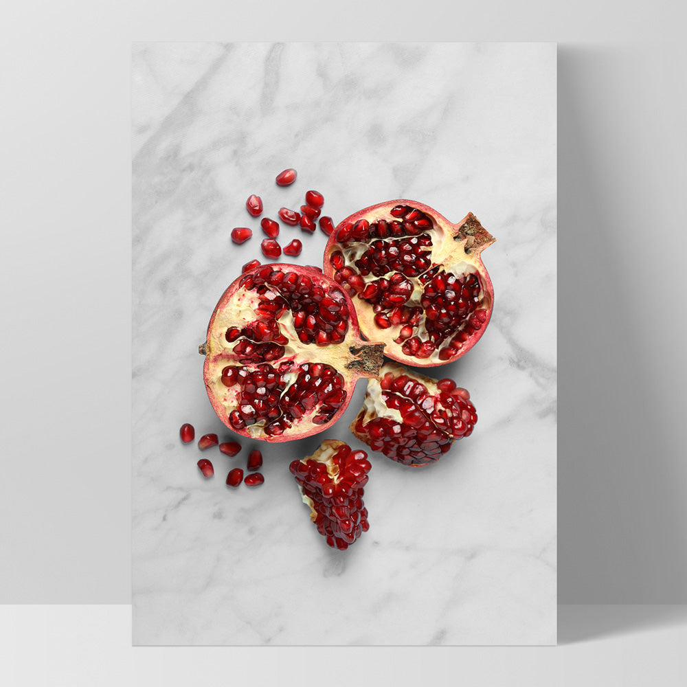 Pomegranate on Stone - Art Print, Poster, Stretched Canvas, or Framed Wall Art Print, shown as a stretched canvas or poster without a frame