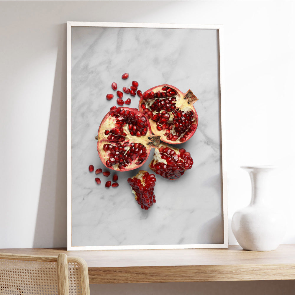 Pomegranate on Stone - Art Print, Poster, Stretched Canvas or Framed Wall Art Prints, shown framed in a room
