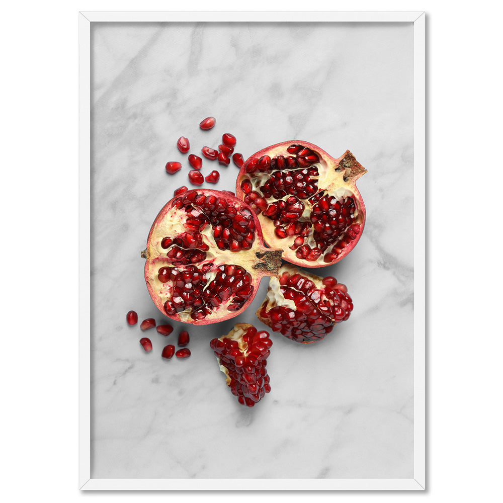Pomegranate on Stone - Art Print, Poster, Stretched Canvas, or Framed Wall Art Print, shown in a white frame