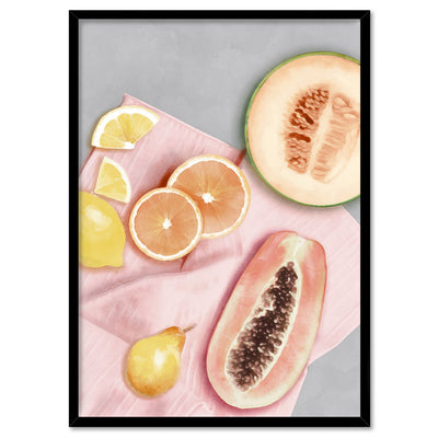 Papaya Fruit Picnic I - Art Print, Poster, Stretched Canvas, or Framed Wall Art Print, shown in a black frame