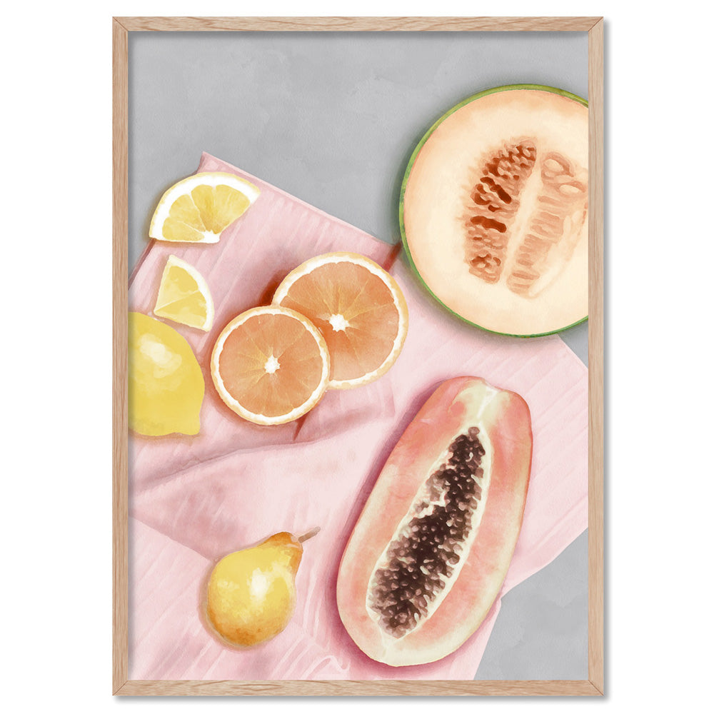 Papaya Fruit Picnic I - Art Print, Poster, Stretched Canvas, or Framed Wall Art Print, shown in a natural timber frame
