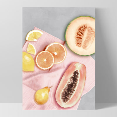 Papaya Fruit Picnic I - Art Print, Poster, Stretched Canvas, or Framed Wall Art Print, shown as a stretched canvas or poster without a frame