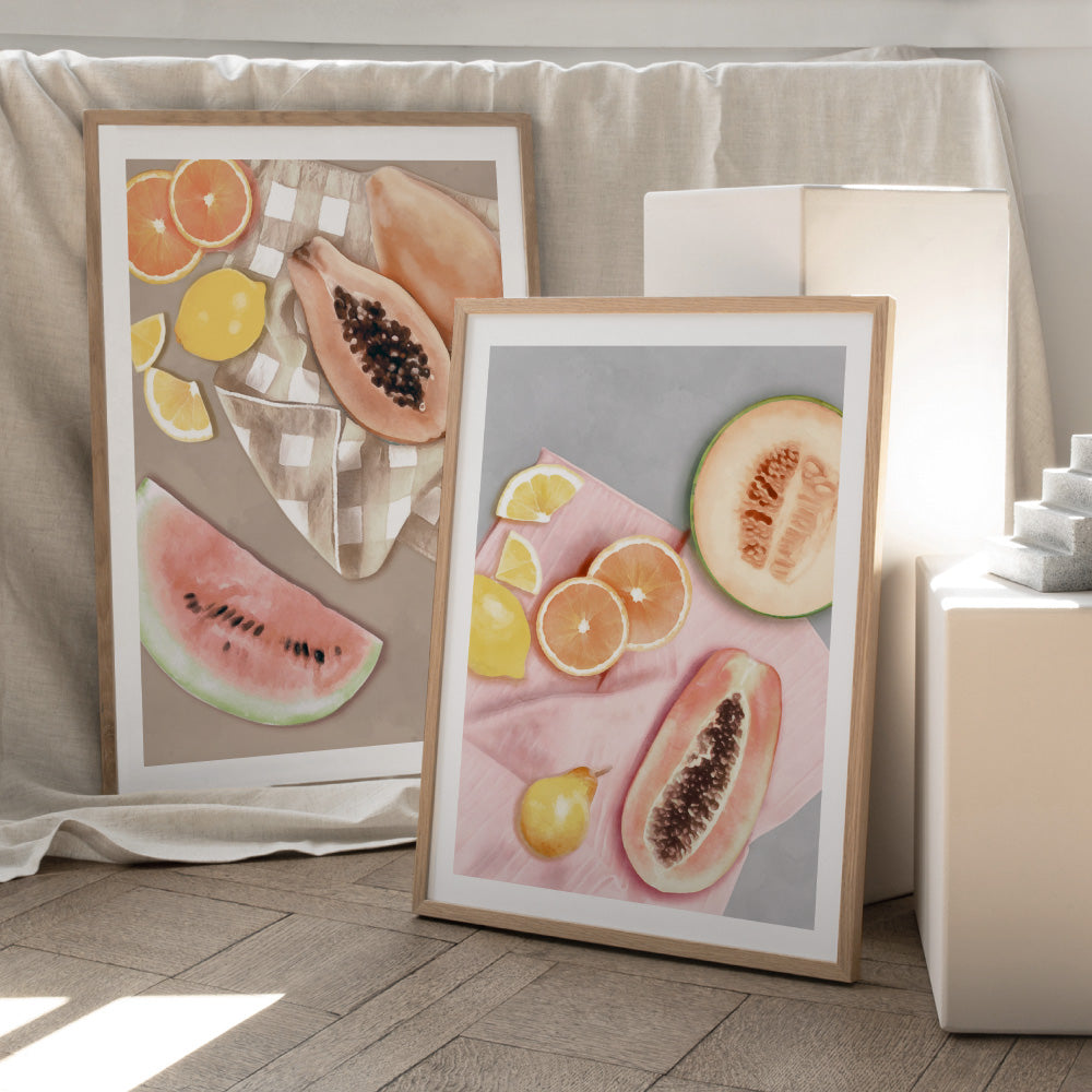 Papaya Fruit Picnic I - Art Print, Poster, Stretched Canvas or Framed Wall Art, shown framed in a home interior space