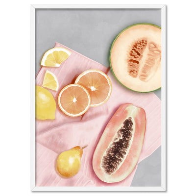 Papaya Fruit Picnic I - Art Print by Vanessa, Poster, Stretched Canvas, or Framed Wall Art Print, shown in a white frame
