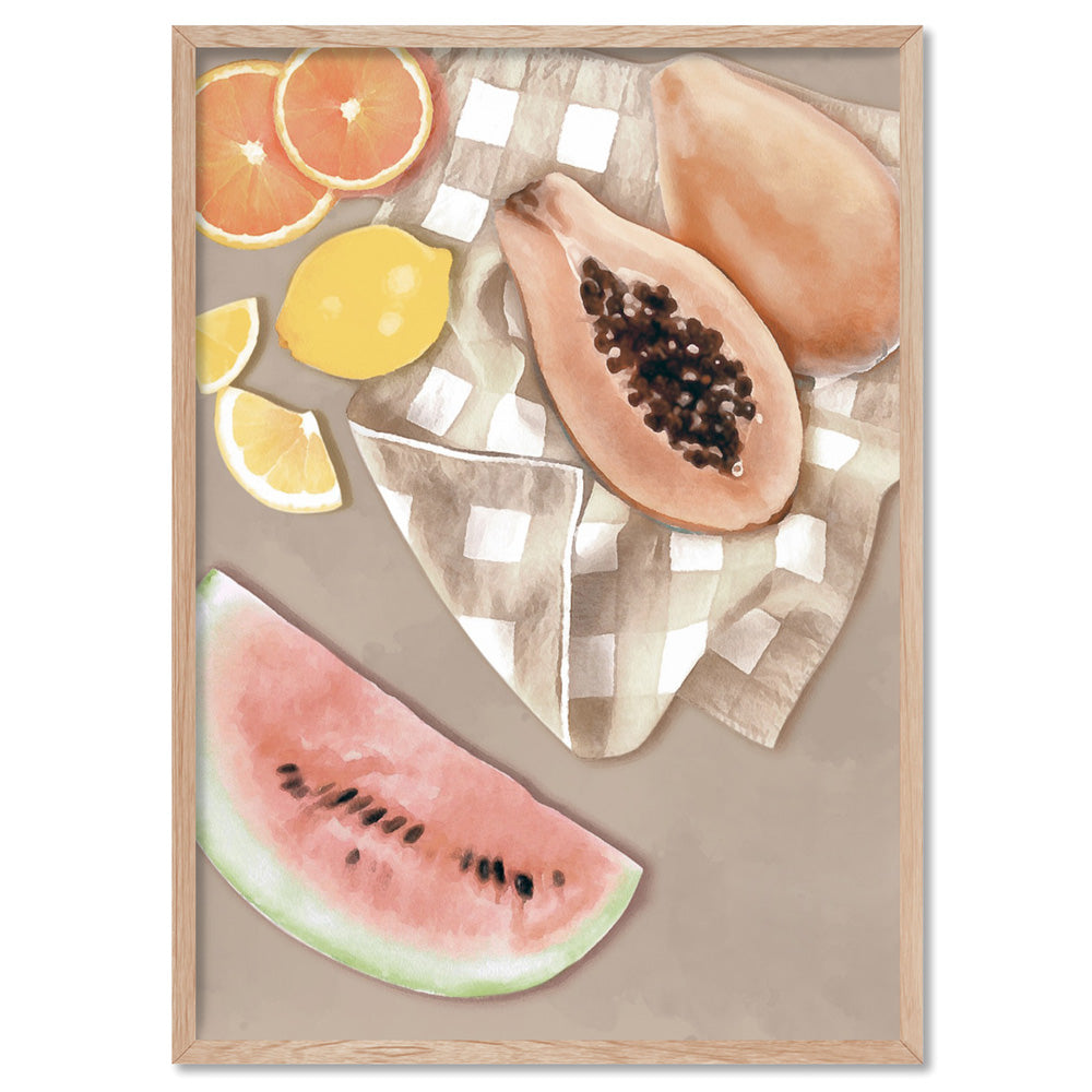 Papaya Fruit Picnic II - Art Print by Vanessa, Poster, Stretched Canvas, or Framed Wall Art Print, shown in a natural timber frame