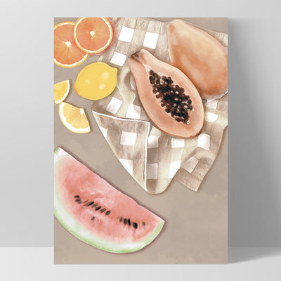 Papaya Fruit Picnic II - Art Print by Vanessa, Poster, Stretched Canvas, or Framed Wall Art Print, shown as a stretched canvas or poster without a frame
