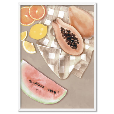 Papaya Fruit Picnic II - Art Print by Vanessa, Poster, Stretched Canvas, or Framed Wall Art Print, shown in a white frame