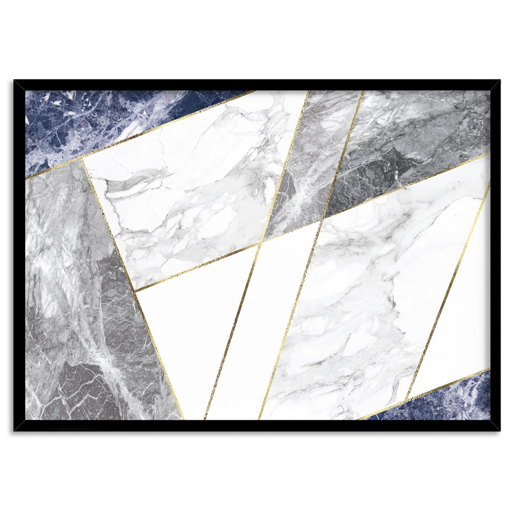 Geometric Marble Slices Cobalt Landscape - Art Print, Poster, Stretched Canvas, or Framed Wall Art Print, shown in a black frame