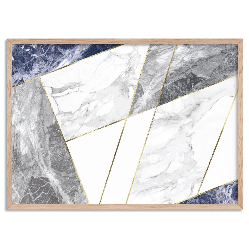 Geometric Marble Slices Cobalt Landscape - Art Print, Poster, Stretched Canvas, or Framed Wall Art Print, shown in a natural timber frame