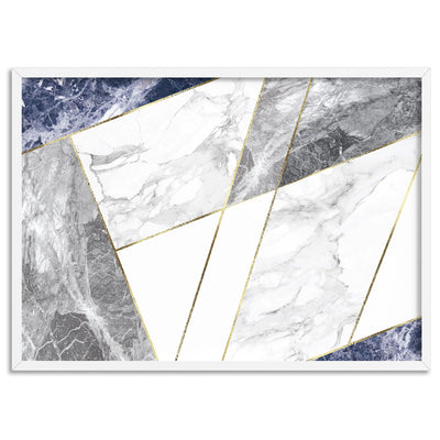 Geometric Marble Slices Cobalt Landscape - Art Print, Poster, Stretched Canvas, or Framed Wall Art Print, shown in a white frame