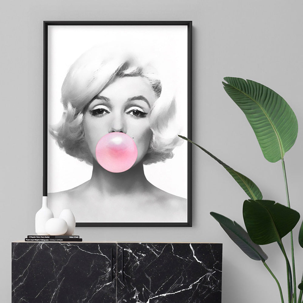 Marilyn Bubblegum - Art Print, Poster, Stretched Canvas or Framed Wall Art, shown framed in a room