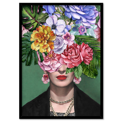 Frida Kahlo Watercolour Flower Bomb - Art Print, Poster, Stretched Canvas, or Framed Wall Art Print, shown in a black frame