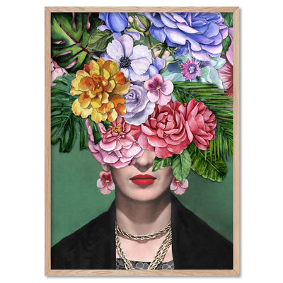 Frida Kahlo Watercolour Flower Bomb - Art Print, Poster, Stretched Canvas, or Framed Wall Art Print, shown in a natural timber frame