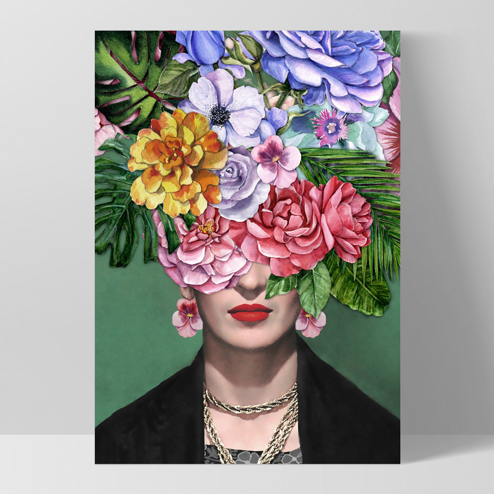 Frida Kahlo Watercolour Flower Bomb - Art Print, Poster, Stretched Canvas, or Framed Wall Art Print, shown as a stretched canvas or poster without a frame