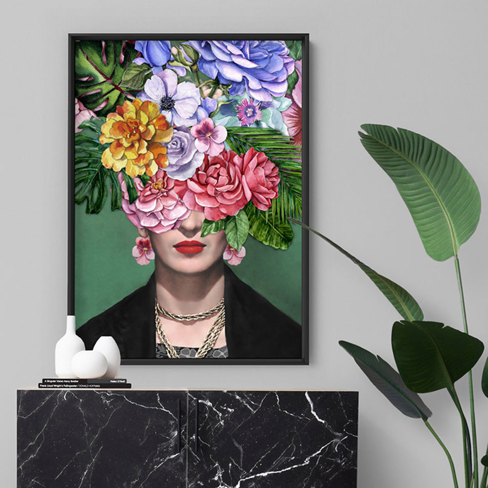 Frida Kahlo Watercolour Flower Bomb - Art Print, Poster, Stretched Canvas or Framed Wall Art, shown framed in a room