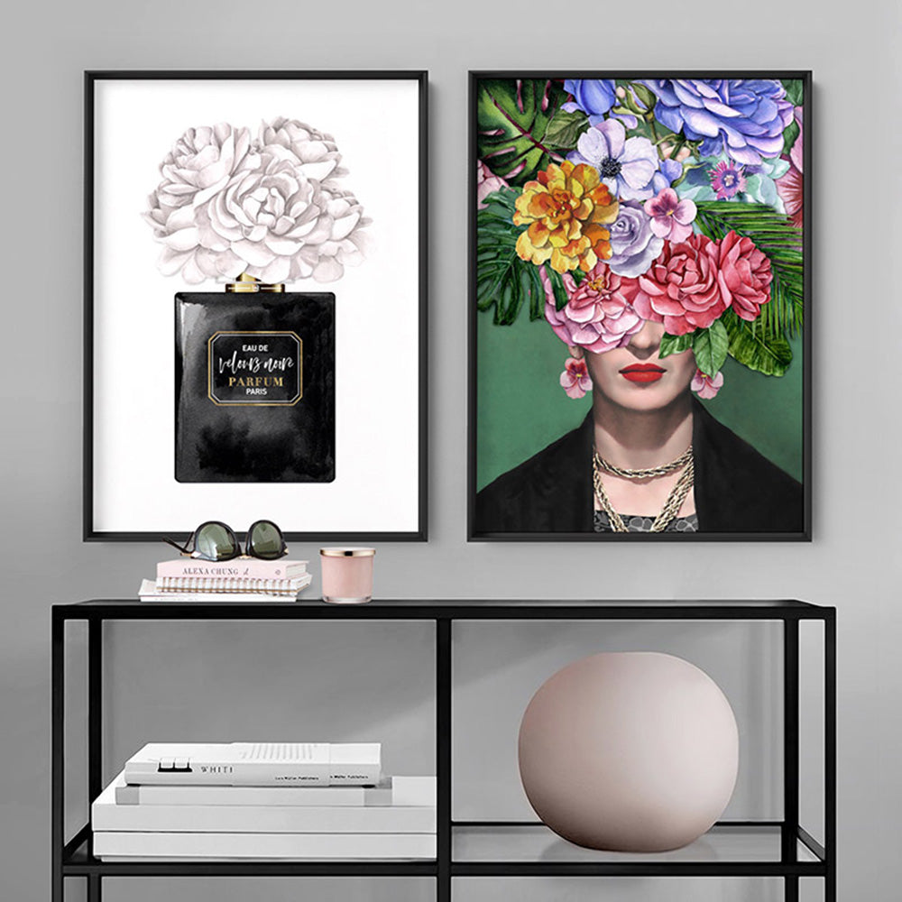 Frida Kahlo Watercolour Flower Bomb - Art Print, Poster, Stretched Canvas or Framed Wall Art, shown framed in a home interior space