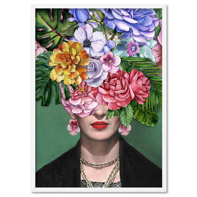 Frida Kahlo Watercolour Flower Bomb - Art Print, Poster, Stretched Canvas, or Framed Wall Art Print, shown in a white frame