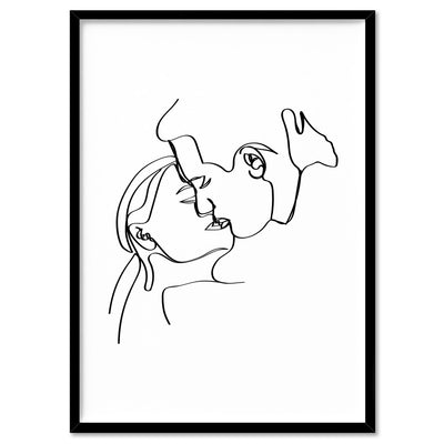 The Kiss Line Drawing - Art Print, Poster, Stretched Canvas, or Framed Wall Art Print, shown in a black frame