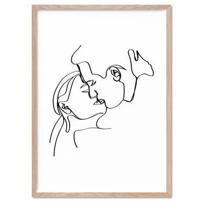 The Kiss Line Drawing - Art Print, Poster, Stretched Canvas, or Framed Wall Art Print, shown in a natural timber frame