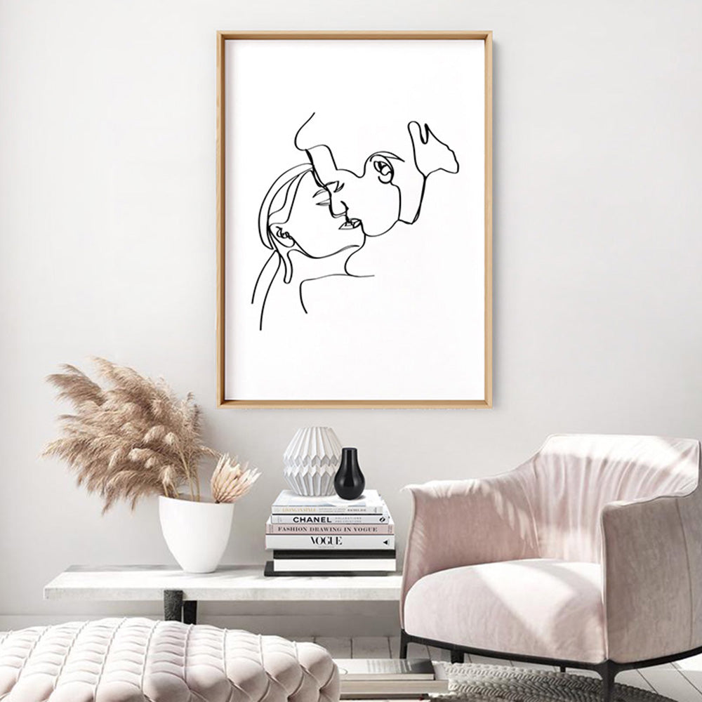 The Kiss Line Drawing - Art Print, Poster, Stretched Canvas or Framed Wall Art, shown framed in a room