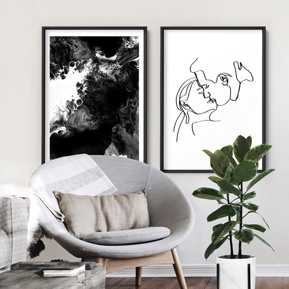 The Kiss Line Drawing - Art Print, Poster, Stretched Canvas or Framed Wall Art, shown framed in a home interior space