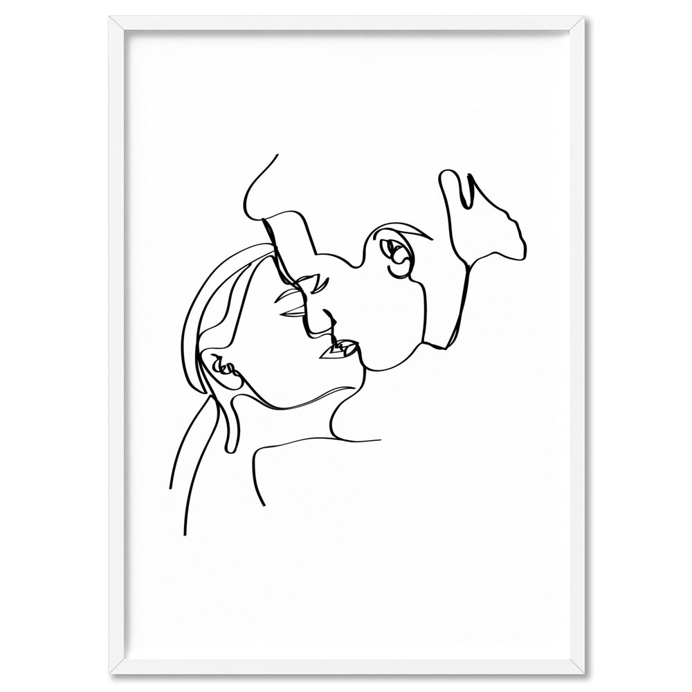 The Kiss Line Drawing - Art Print, Poster, Stretched Canvas, or Framed Wall Art Print, shown in a white frame