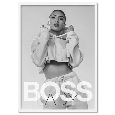 BOSS Lady Black and White II - Art Print, Poster, Stretched Canvas, or Framed Wall Art Print, shown in a white frame