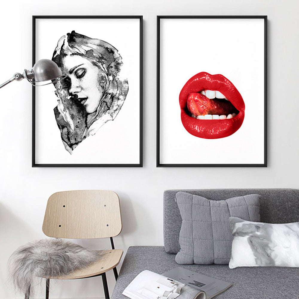 Red Hot Lips - Art Print, Poster, Stretched Canvas or Framed Wall Art, shown framed in a home interior space