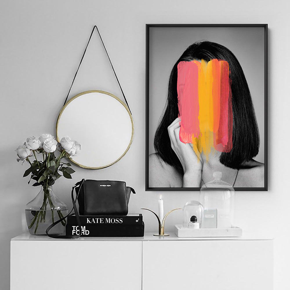 Washing over her - Art Print, Poster, Stretched Canvas or Framed Wall Art, shown framed in a room