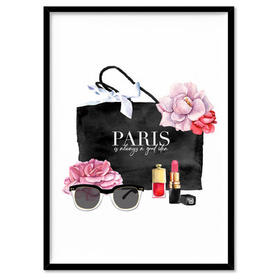 Shopping in Paris I - Art Print, Poster, Stretched Canvas, or Framed Wall Art Print, shown in a black frame