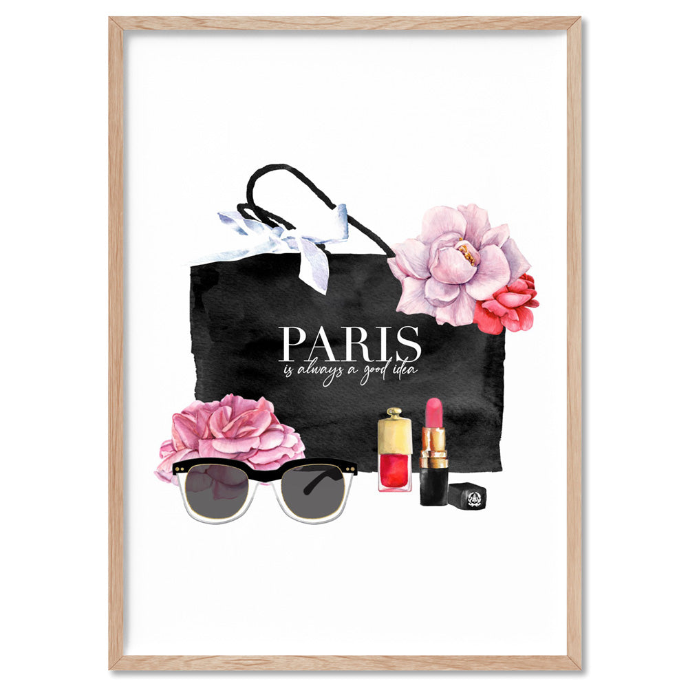 Shopping in Paris I - Art Print, Poster, Stretched Canvas, or Framed Wall Art Print, shown in a natural timber frame