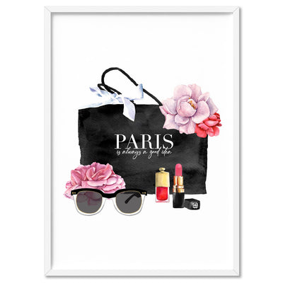 Shopping in Paris I - Art Print, Poster, Stretched Canvas, or Framed Wall Art Print, shown in a white frame