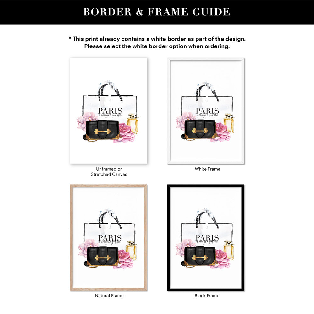 Shopping in Paris II - Art Print, Poster, Stretched Canvas or Framed Wall Art, Showing White , Black, Natural Frame Colours, No Frame (Unframed) or Stretched Canvas, and With or Without White Borders