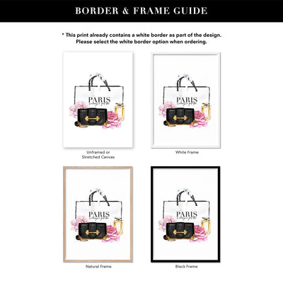Shopping in Paris II - Art Print, Poster, Stretched Canvas or Framed Wall Art, Showing White , Black, Natural Frame Colours, No Frame (Unframed) or Stretched Canvas, and With or Without White Borders