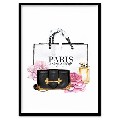Shopping in Paris II - Art Print, Poster, Stretched Canvas, or Framed Wall Art Print, shown in a black frame