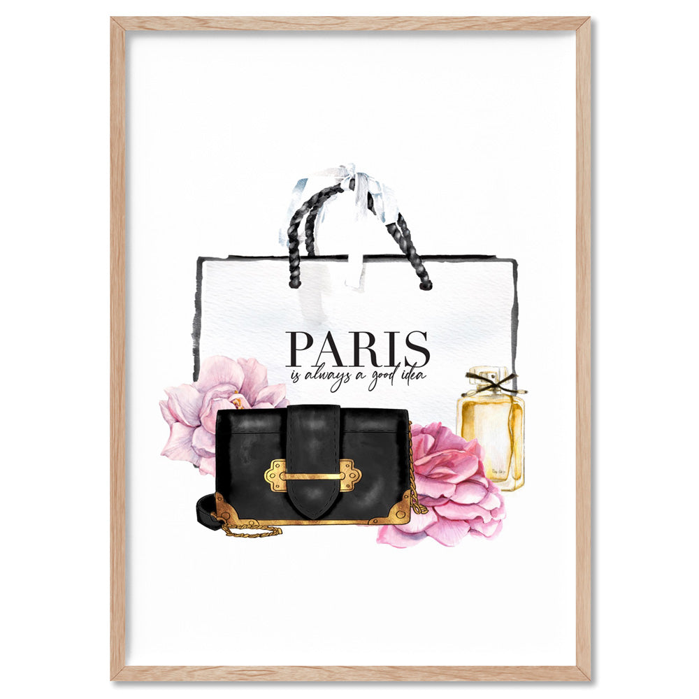 Shopping in Paris II - Art Print, Poster, Stretched Canvas, or Framed Wall Art Print, shown in a natural timber frame